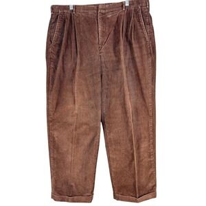 Vintage Lands End Corduroy Dress Pants Mens 38x27 Brown Pleated Cuffed Relaxed‎